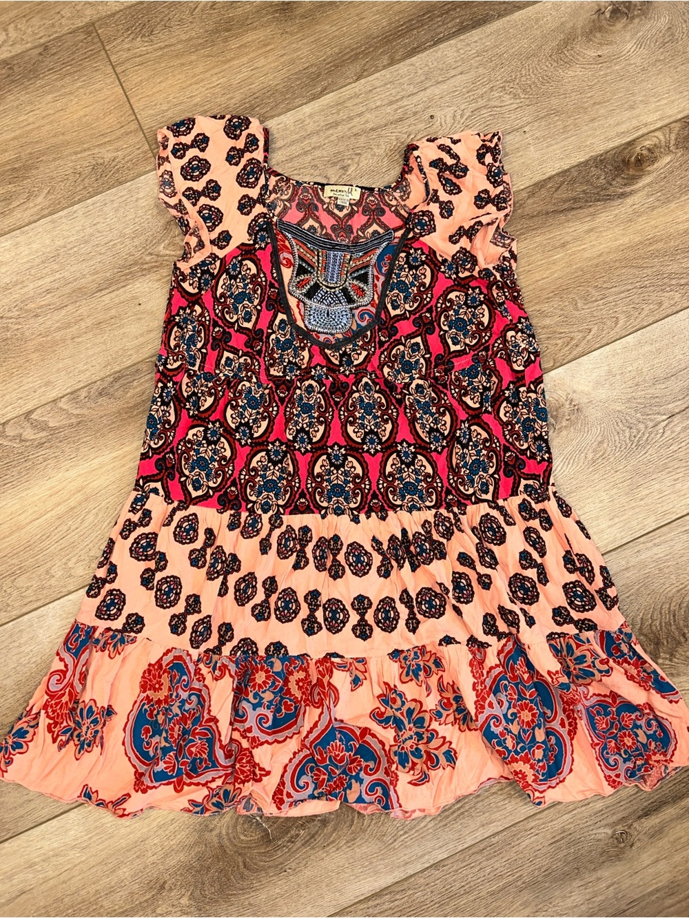 One world Peach Multi-Print Boho Tunic tiered Dress embroidered